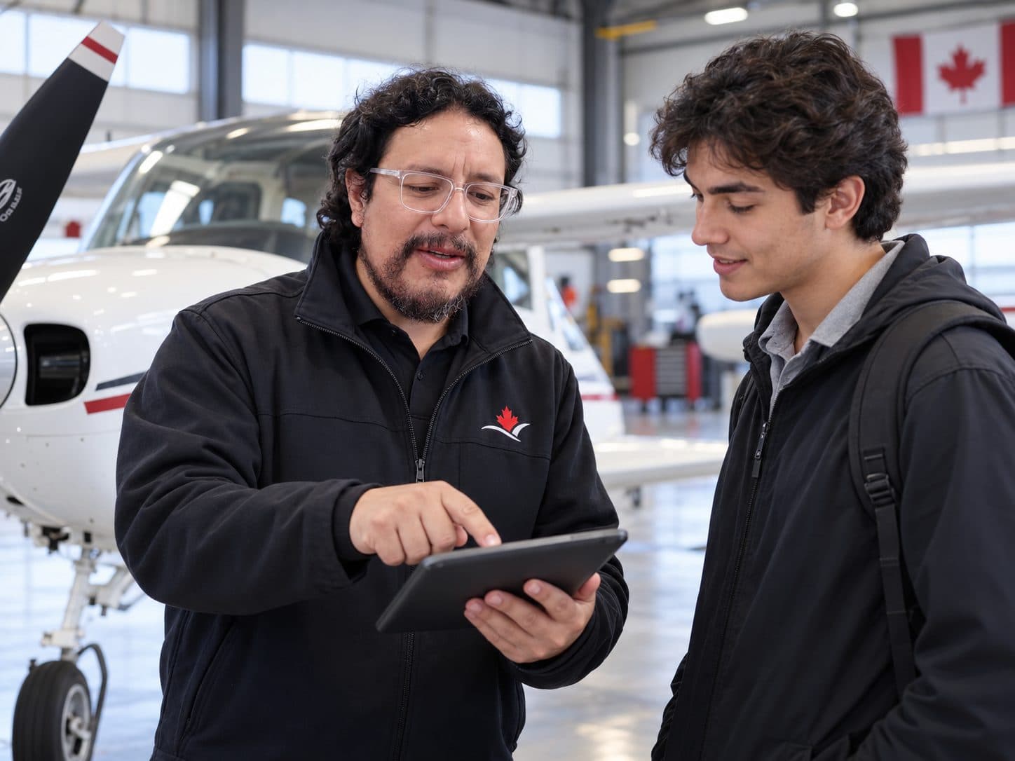 Asesor de Canada GO explicando el proceso a un estudiante en un hangar de aviación